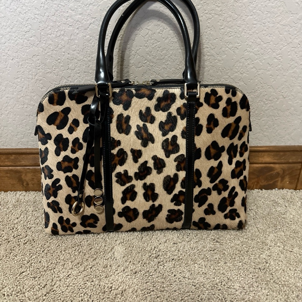 BNWOT Asia Bellucci Brown and Black Leopard Print Genuine Leather Satchel Italy